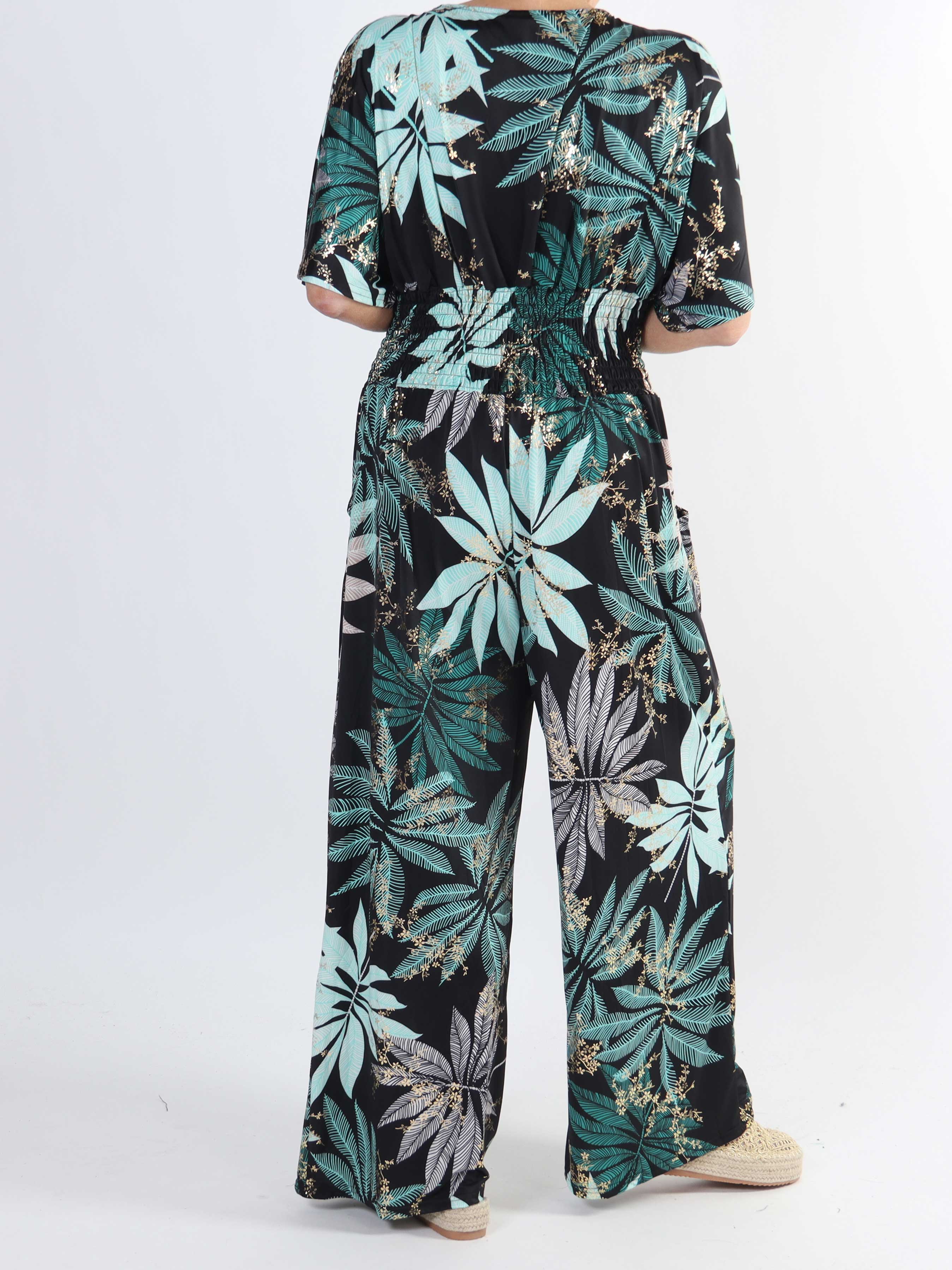 Pams Multi Leaf Jumpsuit - Jumpsuit med resår och bladmönster i stora storlekar - Dark green